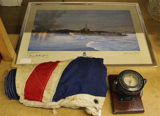 Flag, ships compass & limited edition print HMS Kelly